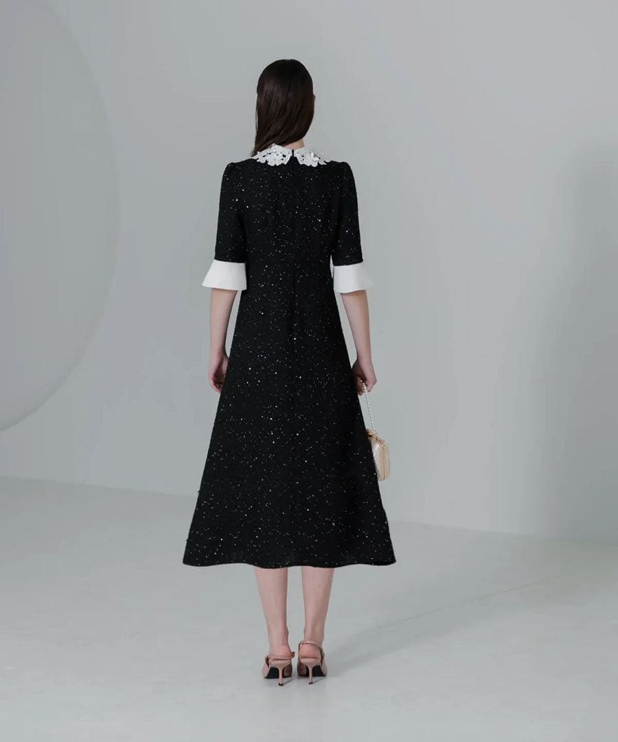 【leja】花柄レースカラースパンコールAラインワンピースドレス