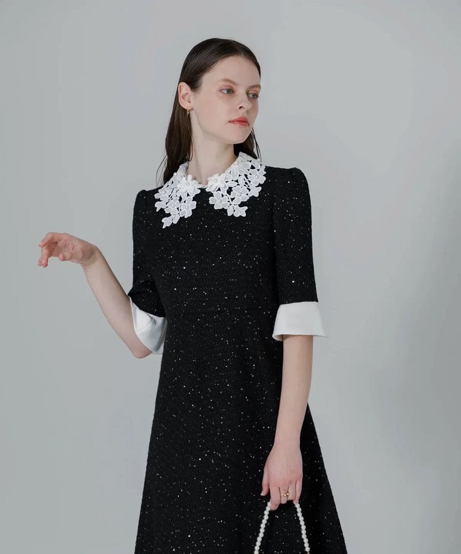 【leja】花柄レースカラースパンコールAラインワンピースドレス