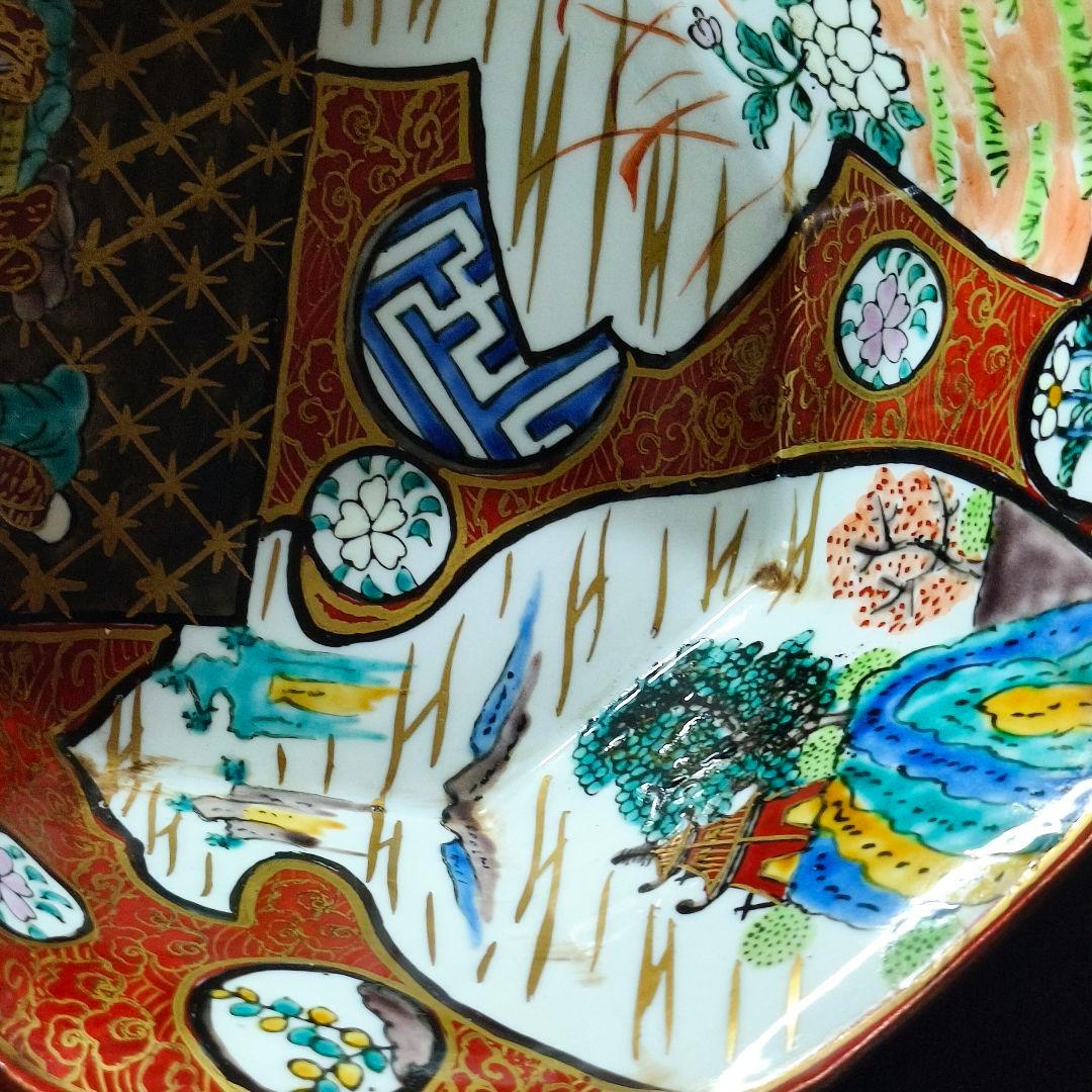 古九谷焼 八角鉢 庄三作 手描き 山水人物文 桐箱 旧家蔵出 コレクター放出美品