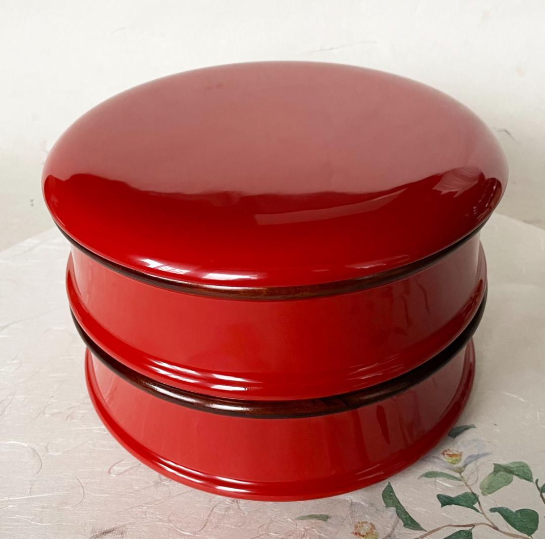 国産 木製 重箱 おせち 本漆塗 つづみ型 丸二段重 6寸 18cm 朱塗すり漆