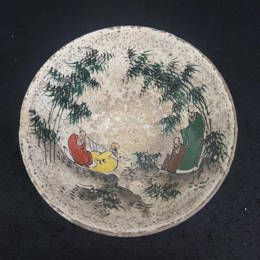 明治時代 犬山焼 竹林賢人雲錦手文様 骨董品 茶碗 キズあり