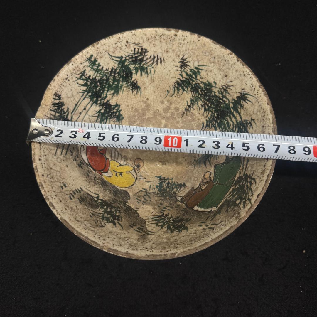 明治時代 犬山焼 竹林賢人雲錦手文様 骨董品 茶碗 キズあり