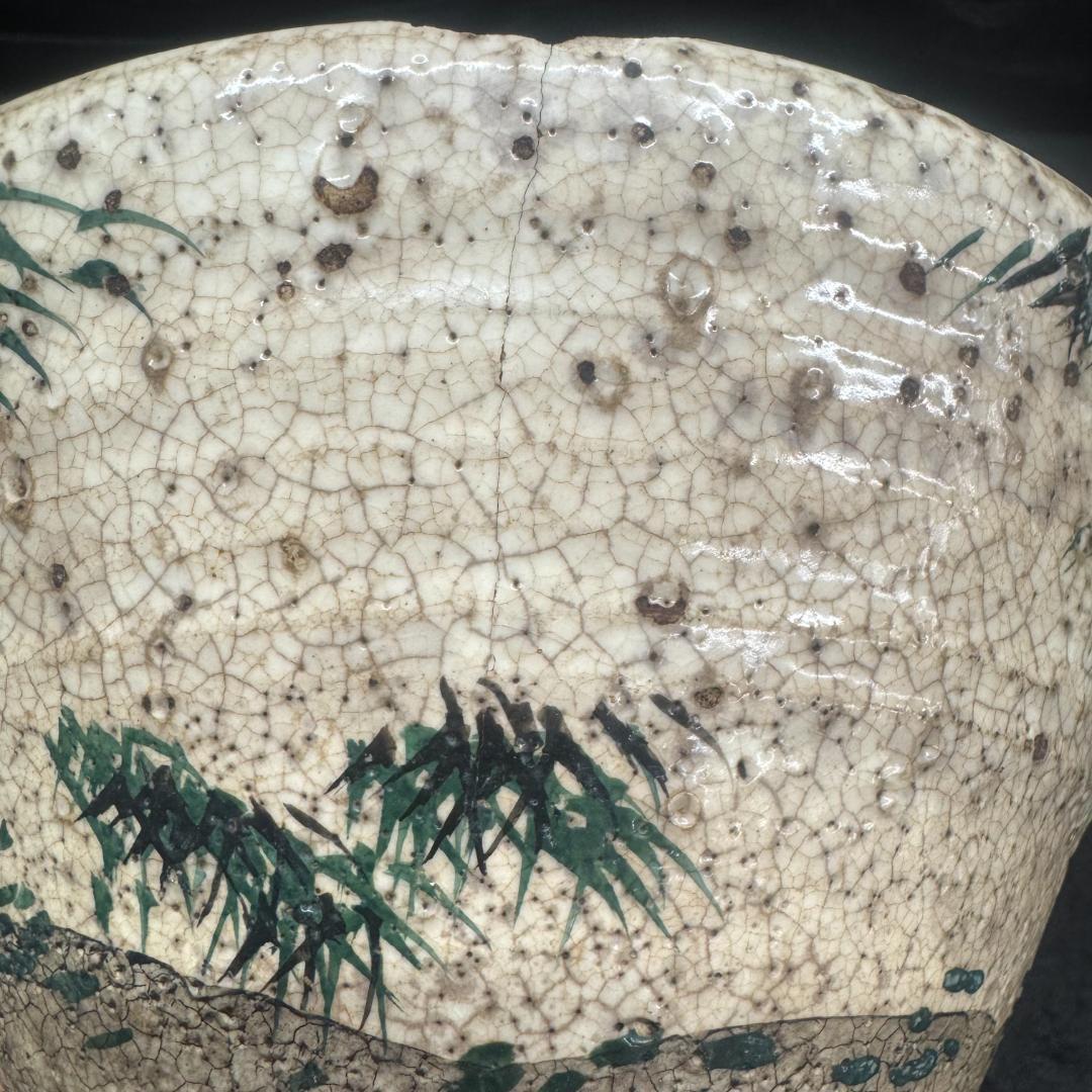 明治時代 犬山焼 竹林賢人雲錦手文様 骨董品 茶碗 キズあり