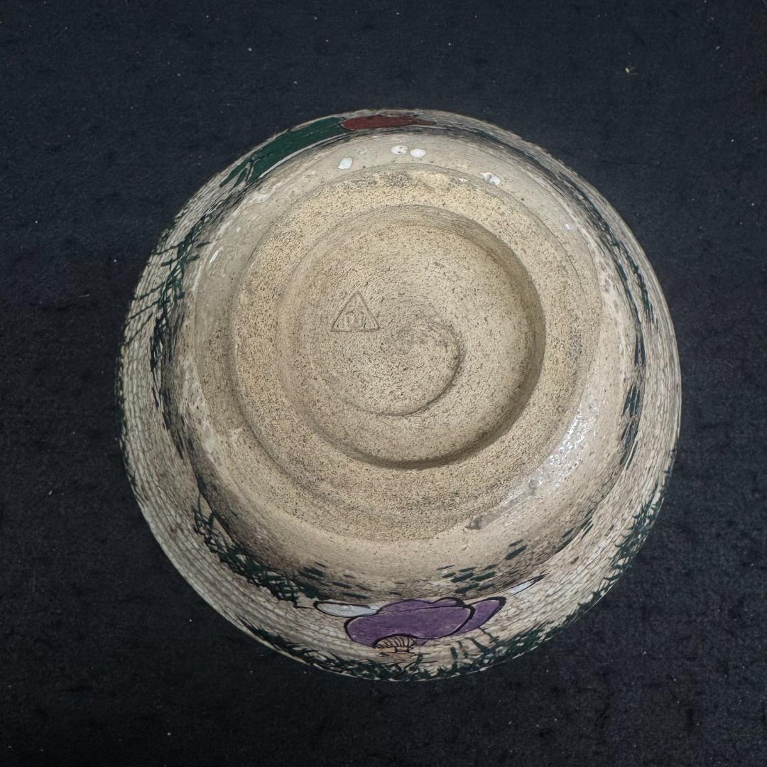 明治時代 犬山焼 竹林賢人雲錦手文様 骨董品 茶碗 キズあり