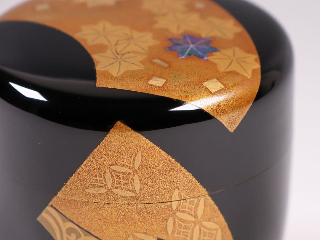 MA741 茶道具 輪島塗 一后一兆 立田川 大棗 金蒔絵 螺鈿 扇面 紅葉