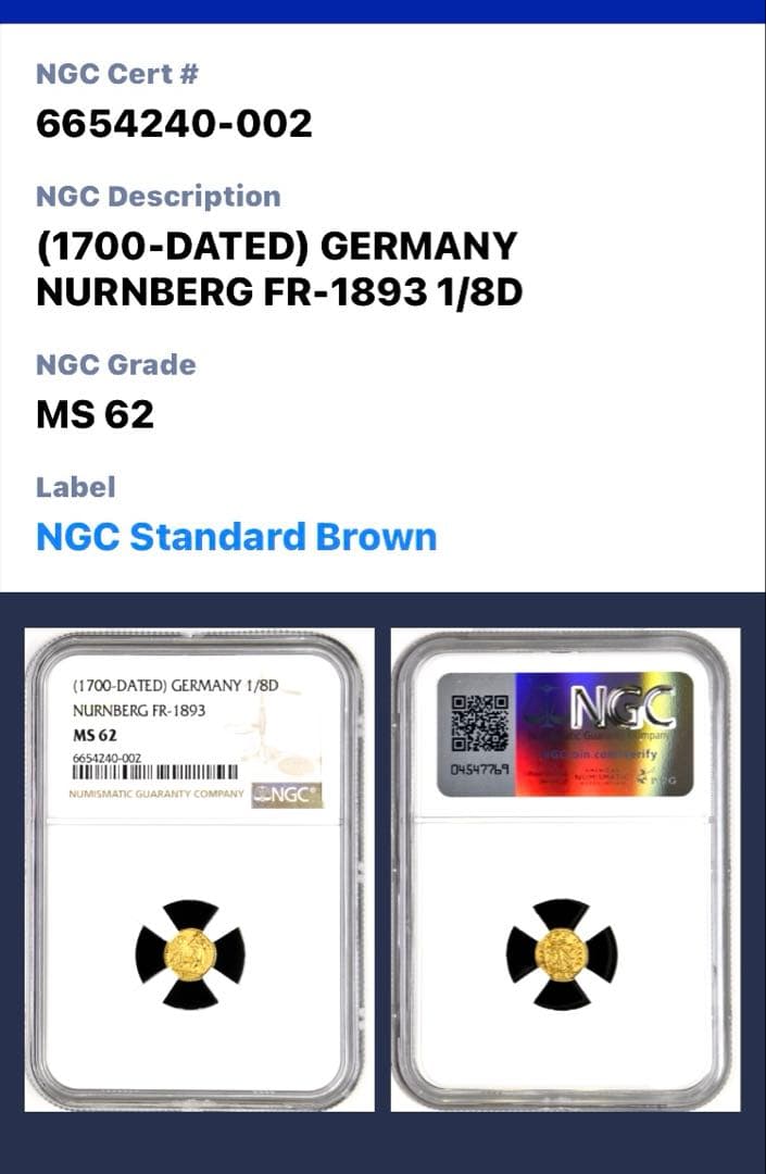 ドイツ ニュルンベルク1/8ラムダカット金貨NGC MS62