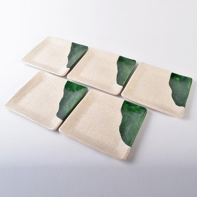 和食器　京焼　吉村楽入造　織部　銘々皿　四方皿　五客　共箱　V　R7987