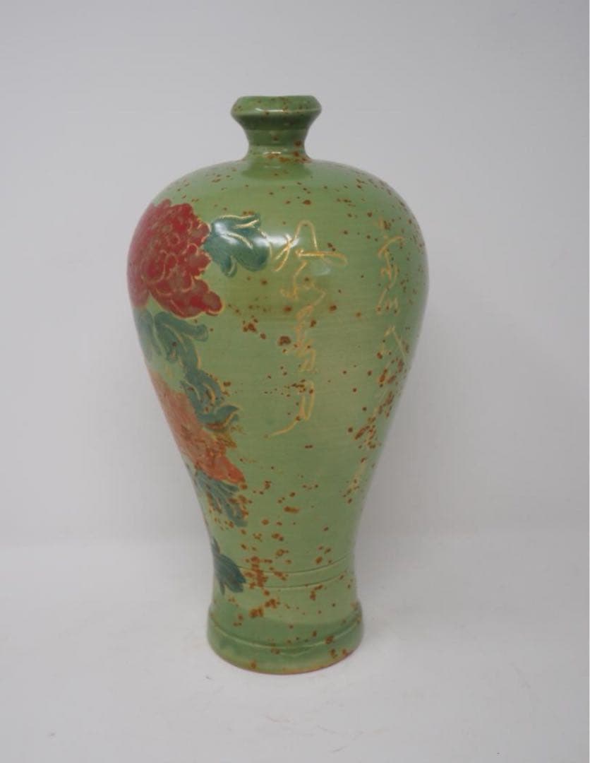 中国 古美術品　壺　貴重　茶道具花瓶　壺　　グリーン　花絵　中陶器