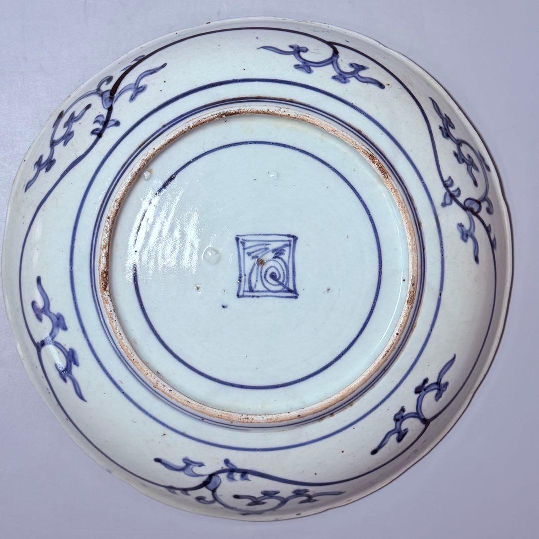 江戸後期　藍柿右衛門　「染付花草文様八寸皿」　渦福　博物館級　状態良し