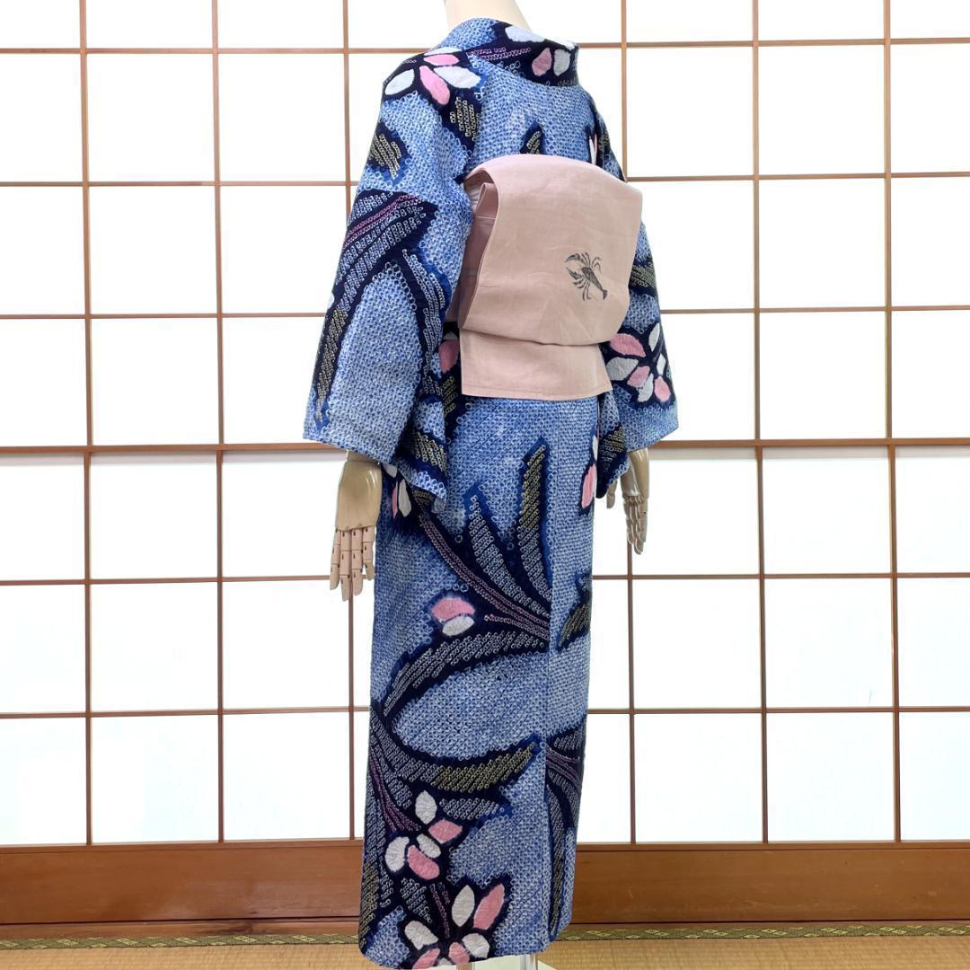 有松鳴海絞り 夏着物 浴衣 綿 菖蒲 水色 手縫い ビンテージ A-2390