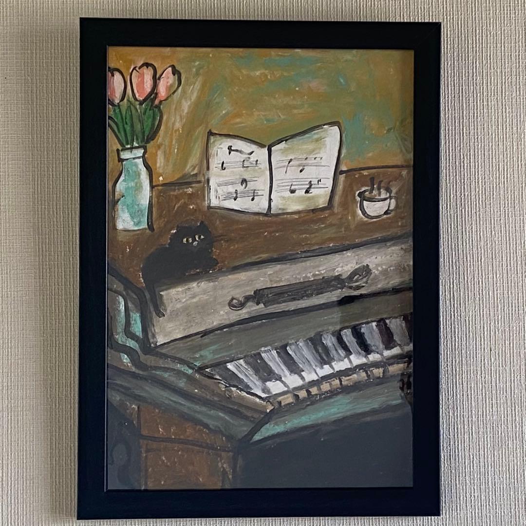 絵画。壁掛け原画【ピアノ部屋で音楽を聴くのが好きなかわいい黒猫】