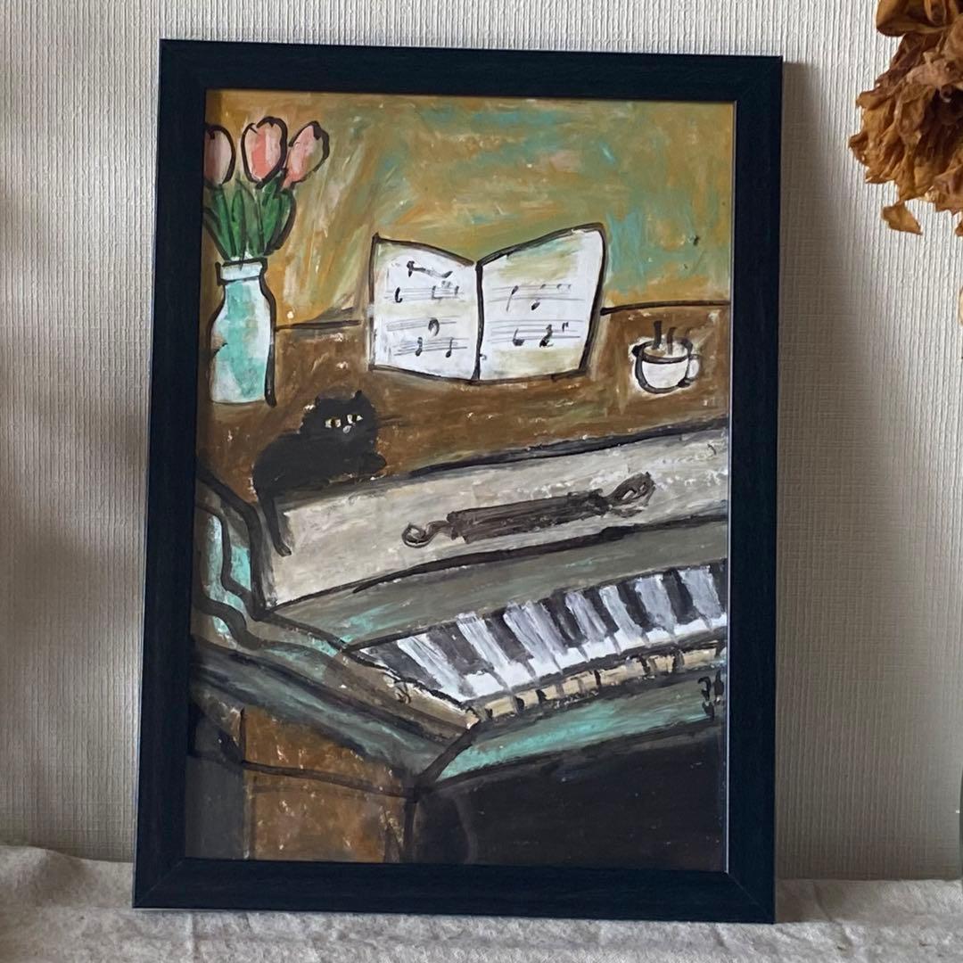 絵画。壁掛け原画【ピアノ部屋で音楽を聴くのが好きなかわいい黒猫】