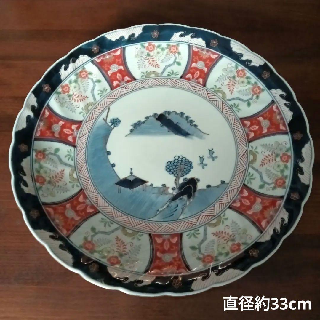 高級 色鍋島焼 瀬兵窯 肥前伊万里 藤花山水絵 飾り皿 金彩 直径約33cm