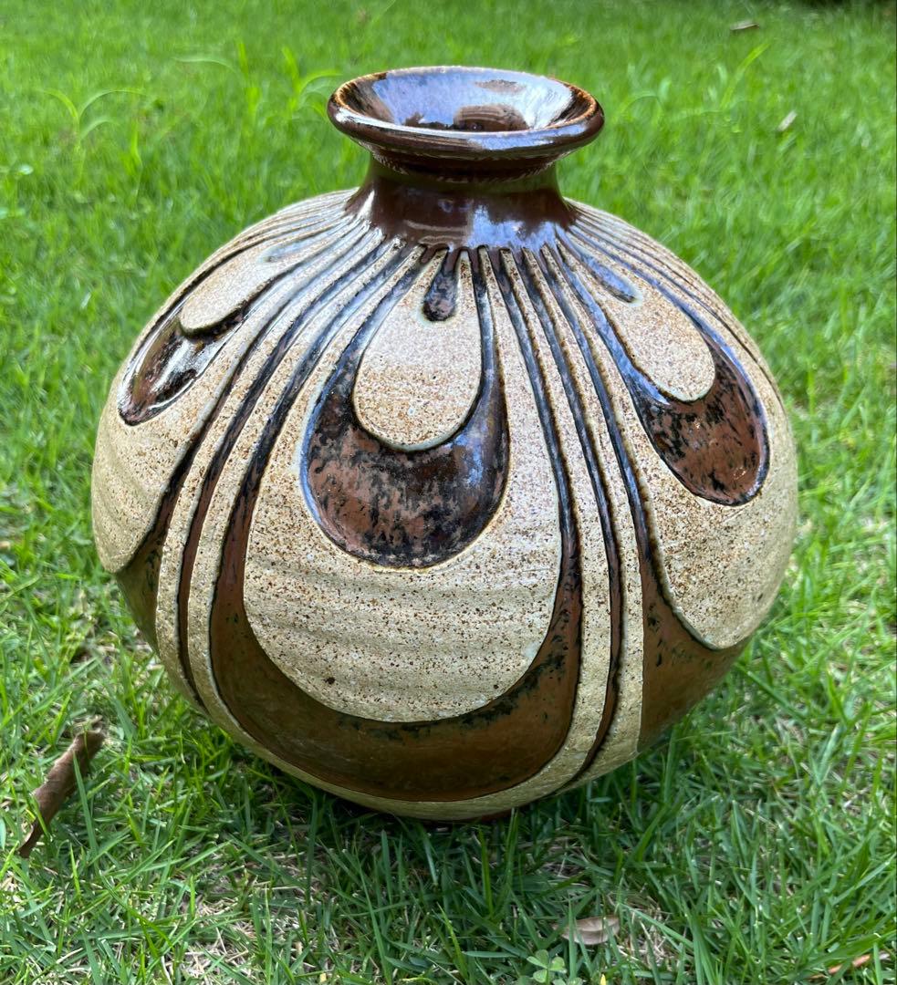 民藝/河井久/鐵釉刻紋壷/共箱付/河井寛次郎の甥