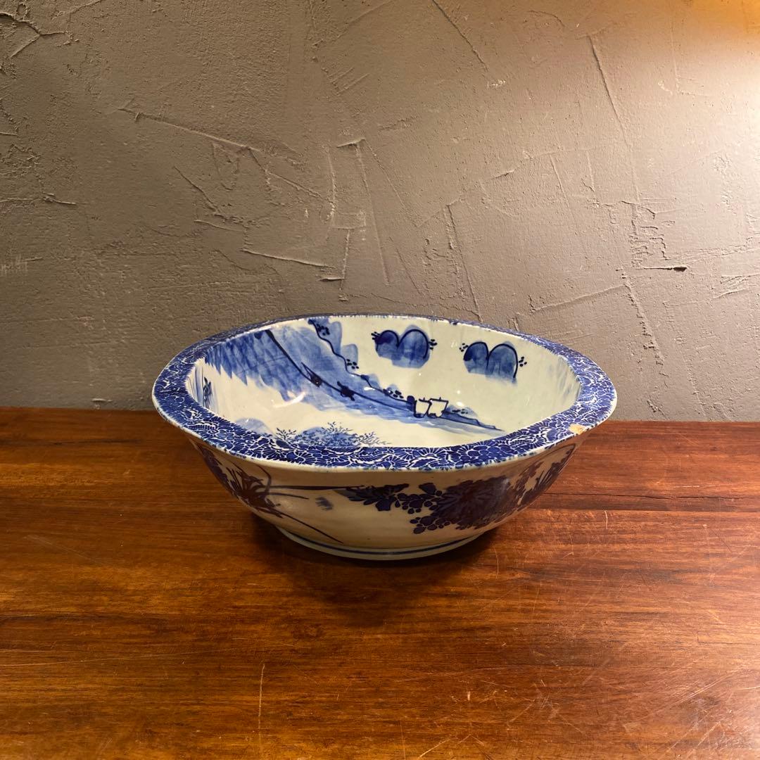 骨董品 大鉢 江戸 明治 蛇目高台 染め付け 印判 皿 時代物 アンティーク