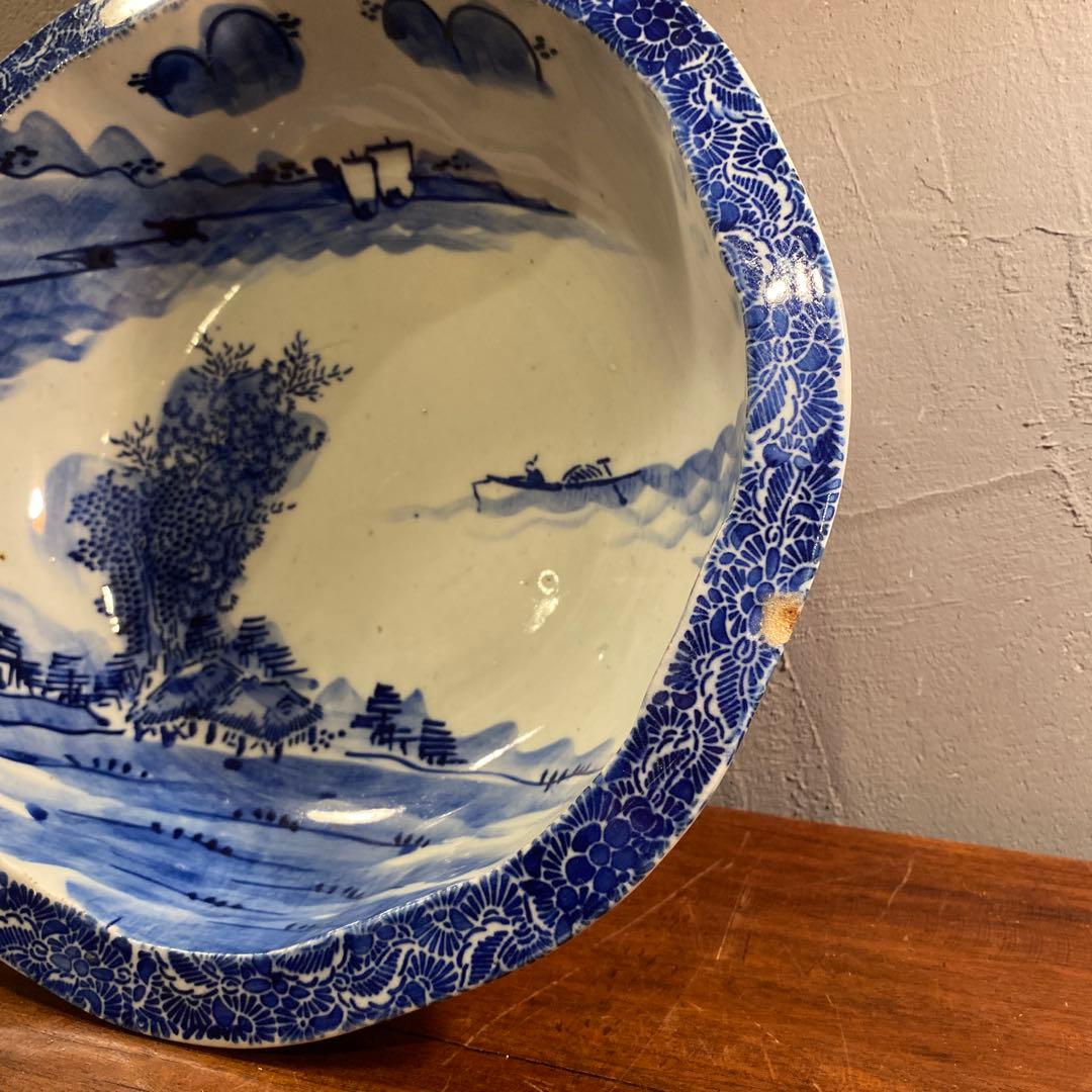 骨董品 大鉢 江戸 明治 蛇目高台 染め付け 印判 皿 時代物 アンティーク