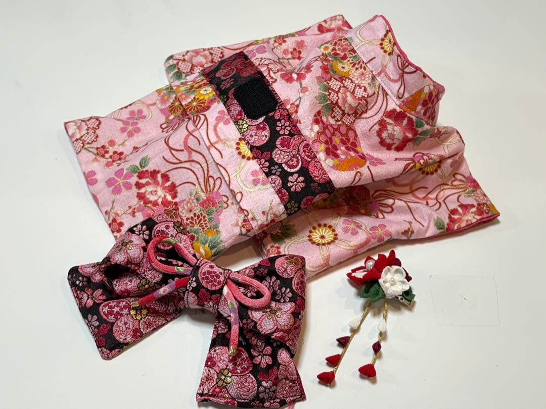 ★新作★完成品☆犬服☆つまみ細工帯飾り付き 犬用着物女の子用 華 ピンクSサイズ