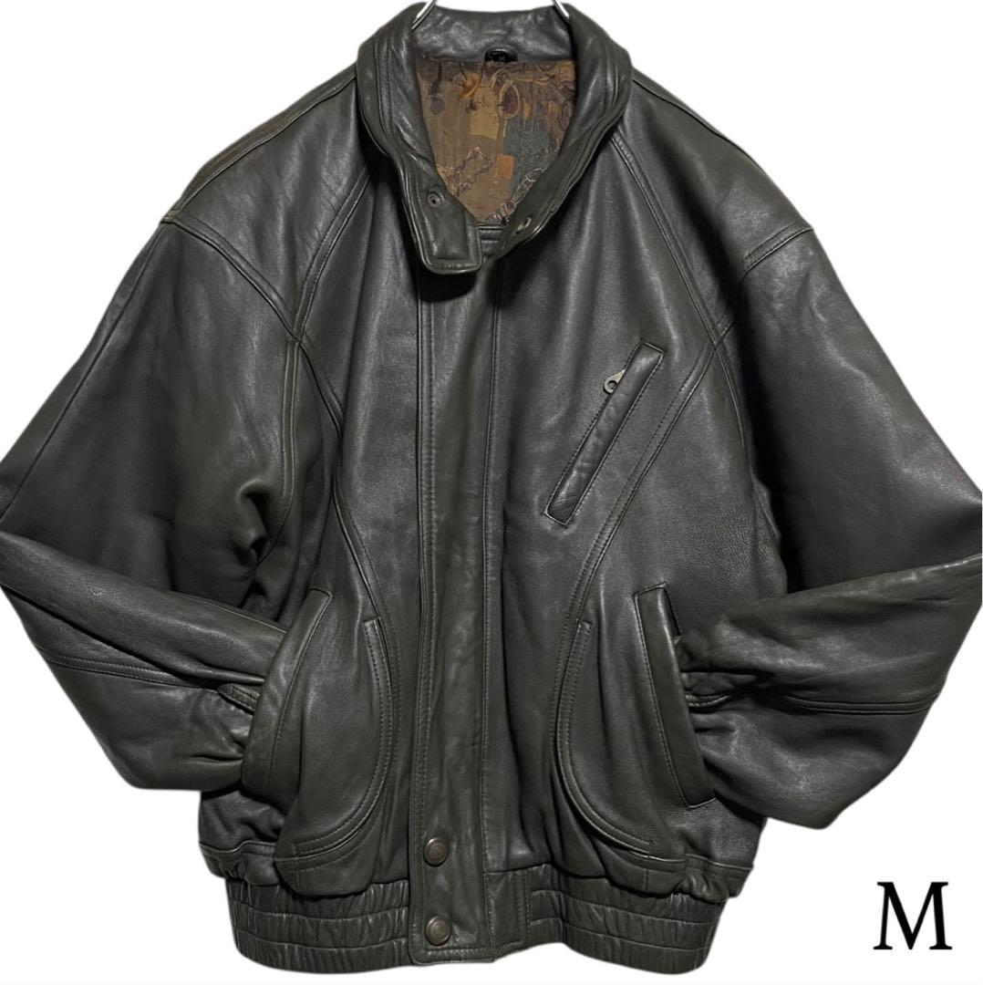 【vintage】羊革 本革 ラムレザーシングルライダースジャケット カーキ M