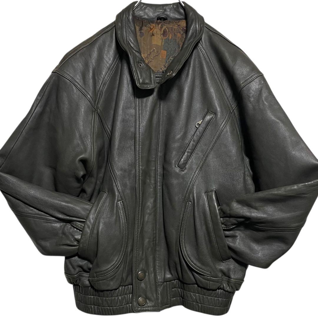 【vintage】羊革 本革 ラムレザーシングルライダースジャケット カーキ M