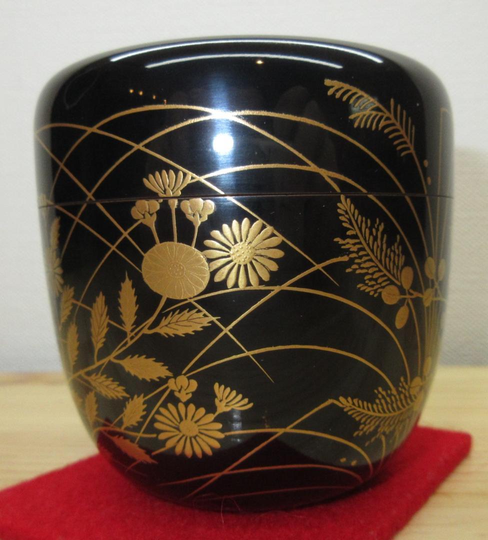 送料込【逢絢亭】茶道具 大棗 京塗 秋野蒔絵 真塗 木製 塗師 川端近左 共箱