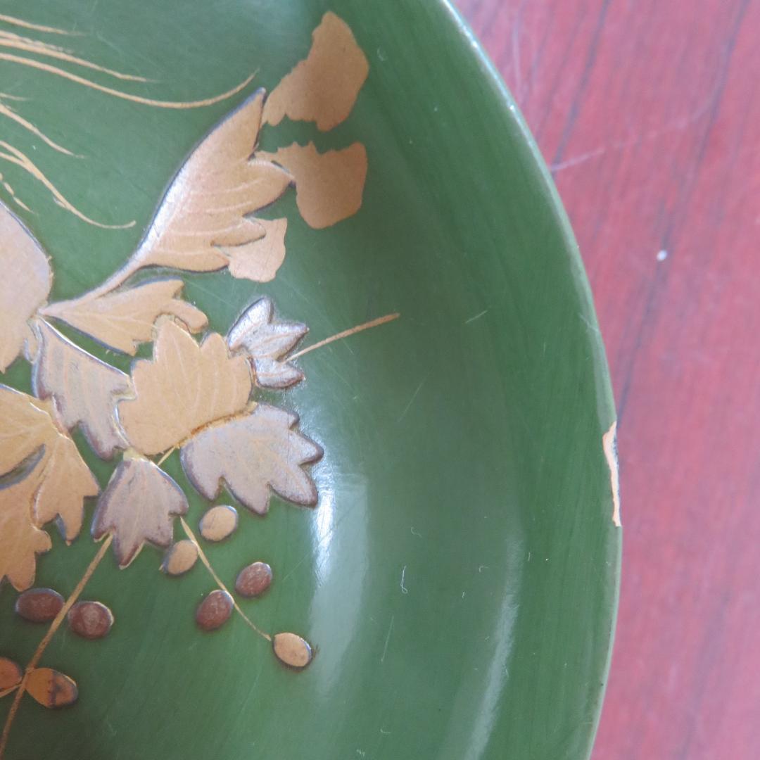 緑吸物碗 青地 盃 蒔絵 大根 カブ 8ケ 傷 欠け スレ 明治頃 希少 漆器