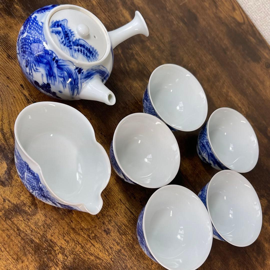 A836⭐︎平安靖山造 染付 山水楼閣文 煎茶器 7点組 共箱付