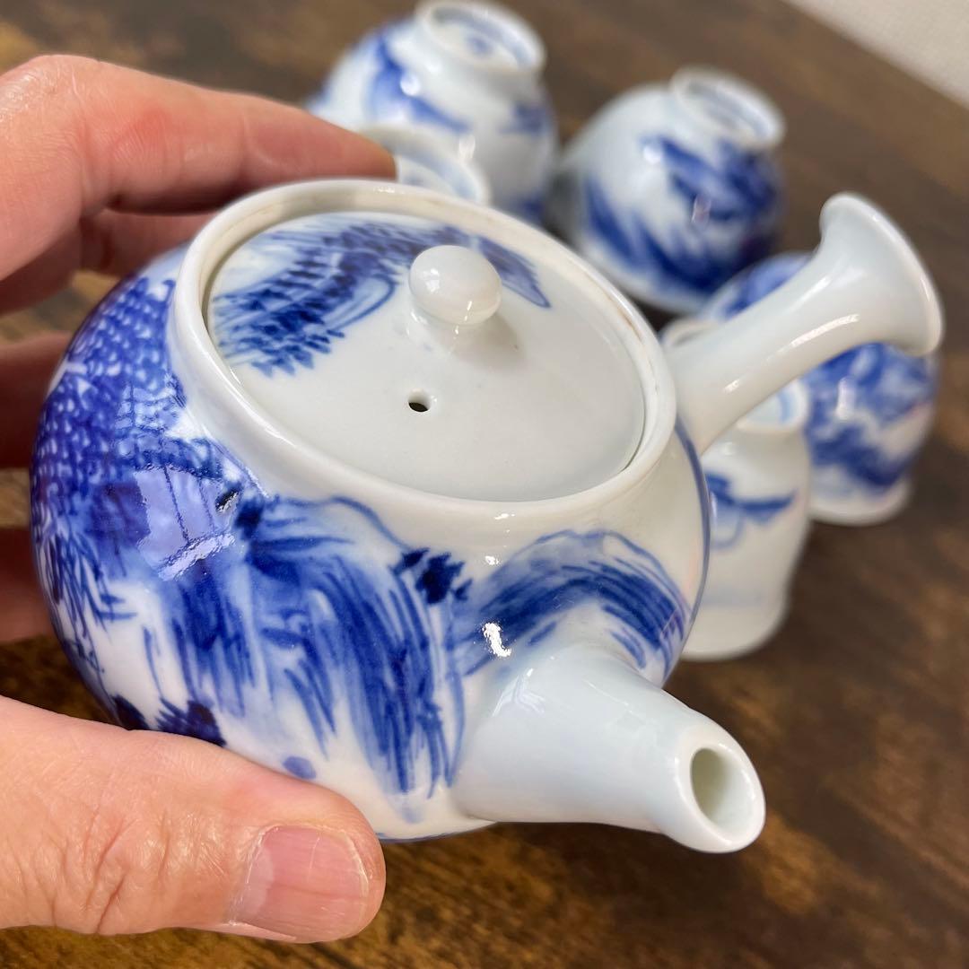 A836⭐︎平安靖山造 染付 山水楼閣文 煎茶器 7点組 共箱付