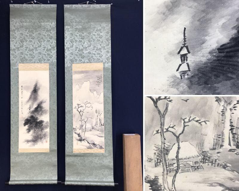 【真作】井上石邨/雪景山水/夏山山水/山水図/対幅/掛軸/名家伝来/AD-805