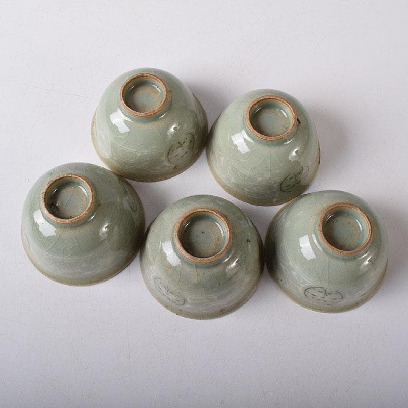 韓国人間文化財　柳海剛（柳根瀅）作　高麗青磁　煎茶碗　五客　共箱　V　R8497