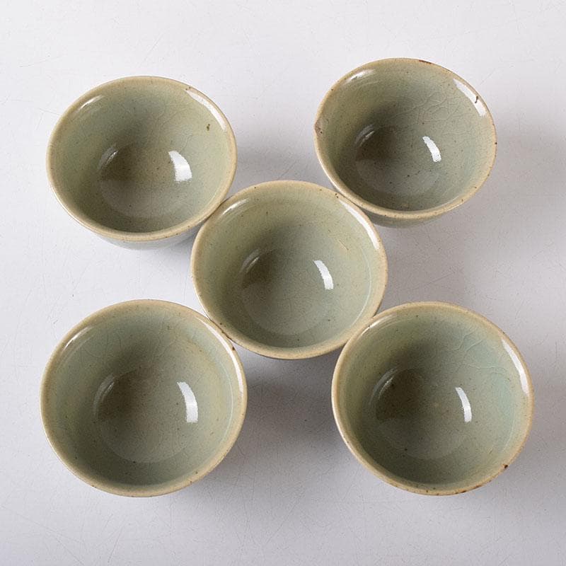 韓国人間文化財　柳海剛（柳根瀅）作　高麗青磁　煎茶碗　五客　共箱　V　R8497