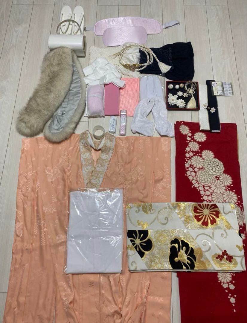 正絹　絞り　振袖　フルセット　赤色