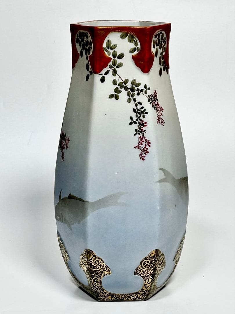 明治 名古屋絵付け 鯉文六角花瓶 松村九助 森村組