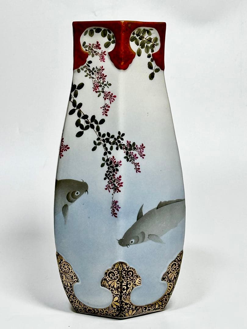 明治 名古屋絵付け 鯉文六角花瓶 松村九助 森村組