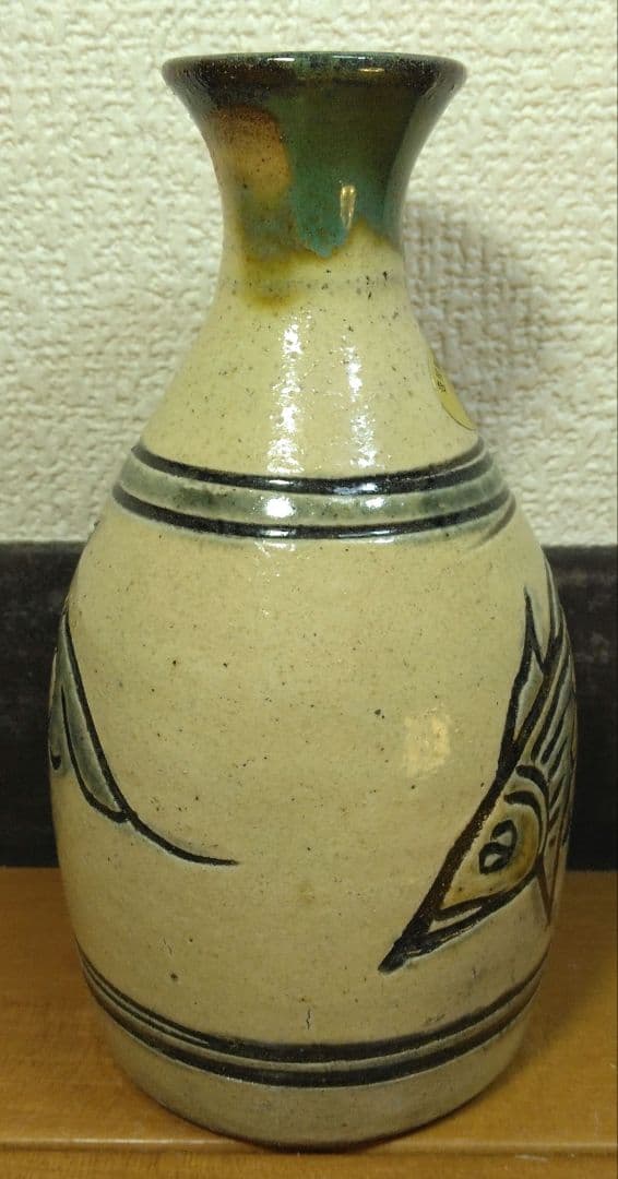 人間国宝 金城次郎 壷屋焼徳利 栞 共箱 美品 手づくり壺屋焼シール 魚紋徳利