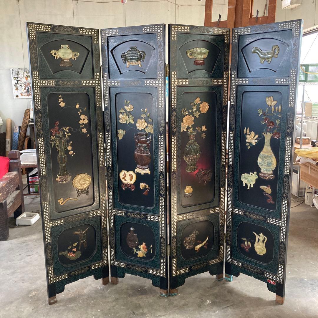 ひ*貨様 高級 天水中国 飛天漆器 螺鈿彫刻 屏風 天然木 4枚 パーテーション