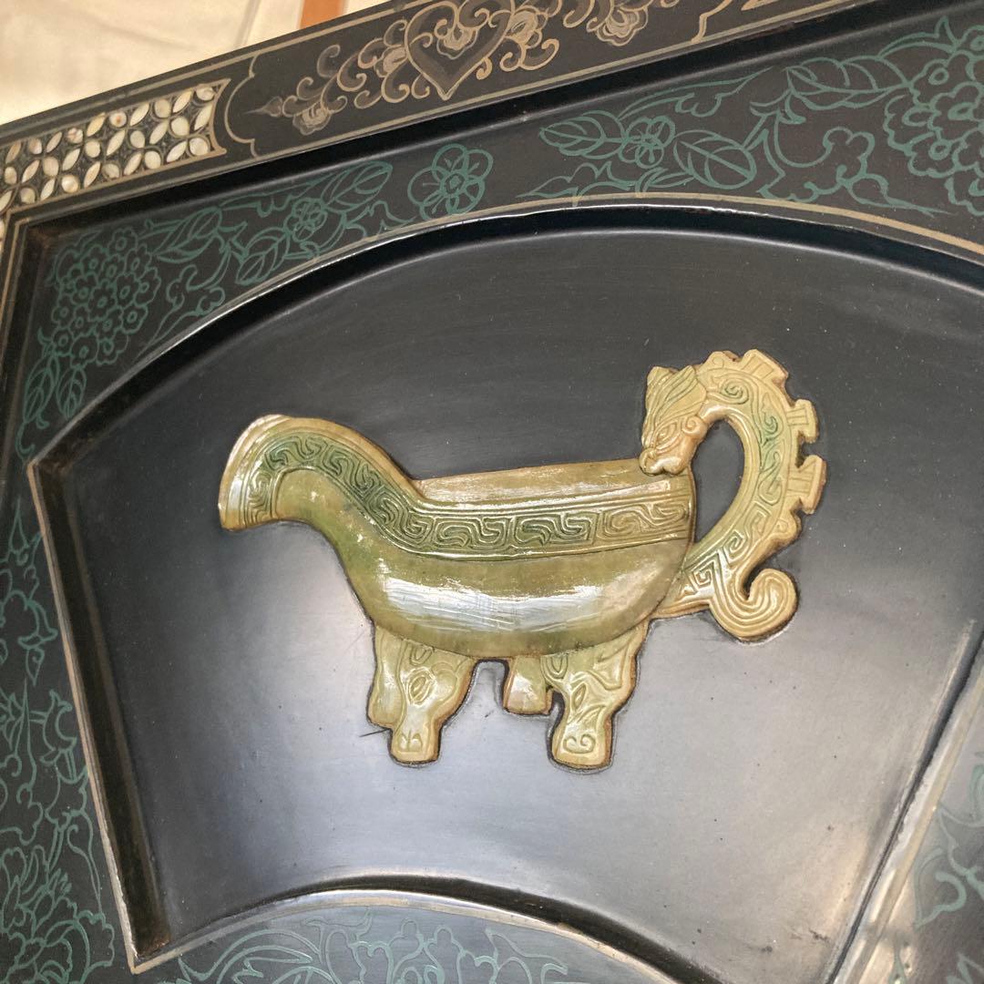 ひ*貨様 高級 天水中国 飛天漆器 螺鈿彫刻 屏風 天然木 4枚 パーテーション