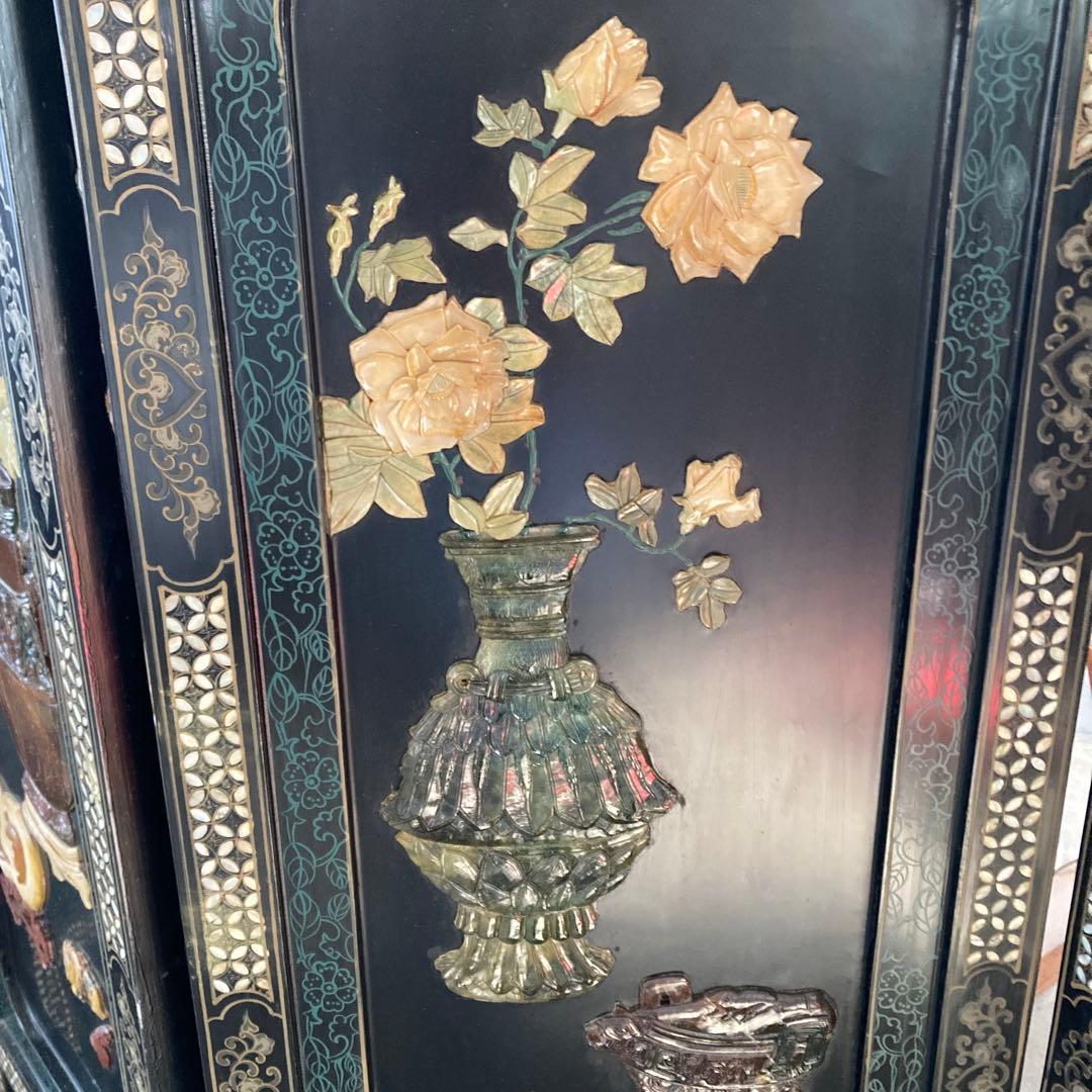 ひ*貨様 高級 天水中国 飛天漆器 螺鈿彫刻 屏風 天然木 4枚 パーテーション