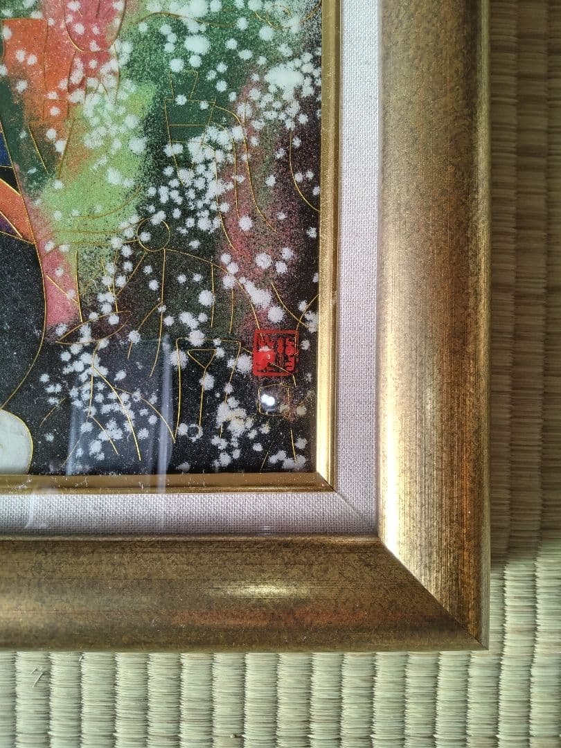 版画 『女性と楽器の抽象画』金線 七宝焼き（額縁付）▪送料無料