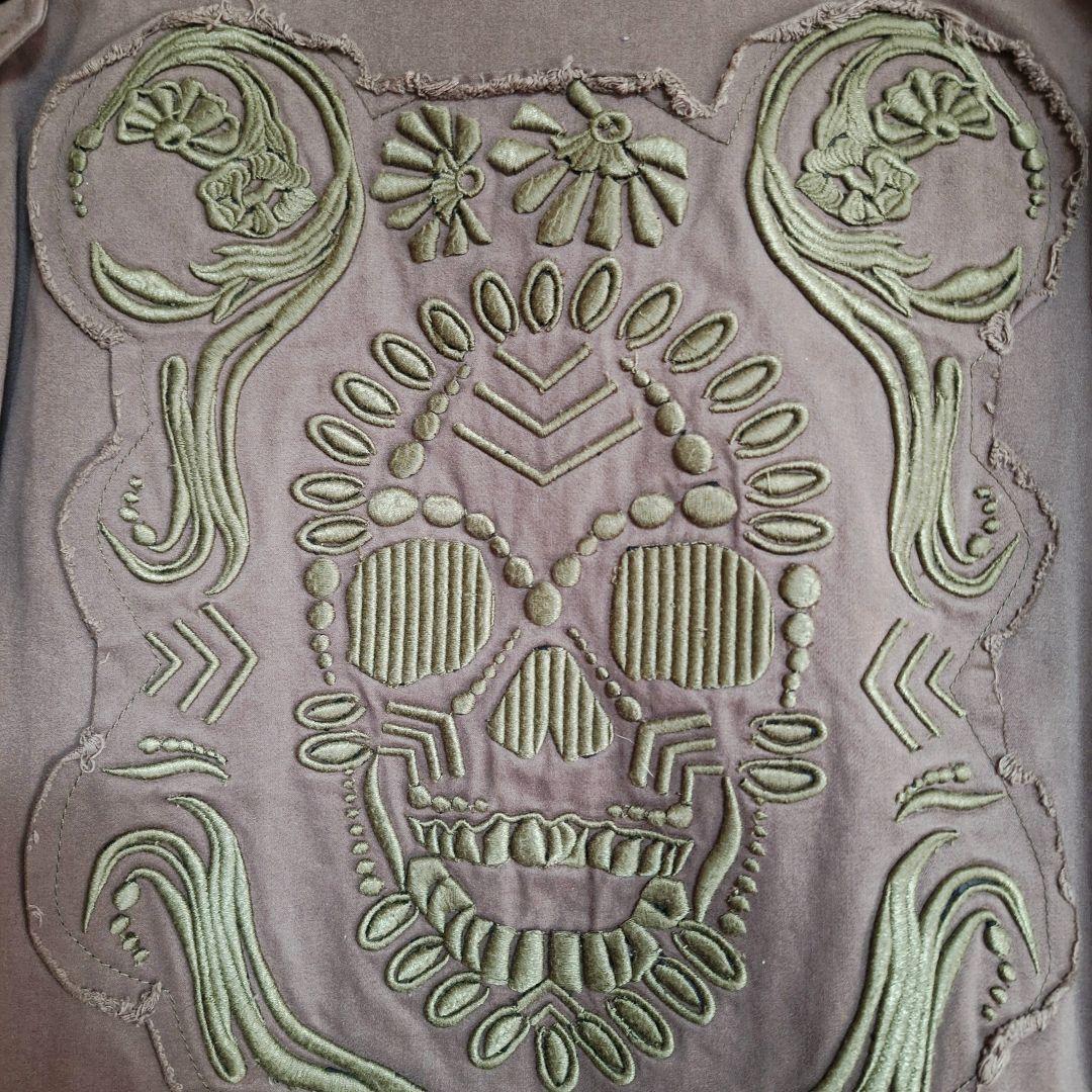 フィリッププレイン 裏地マルチカラ ーラビットファー付 スカル刺繍 ハーフコート