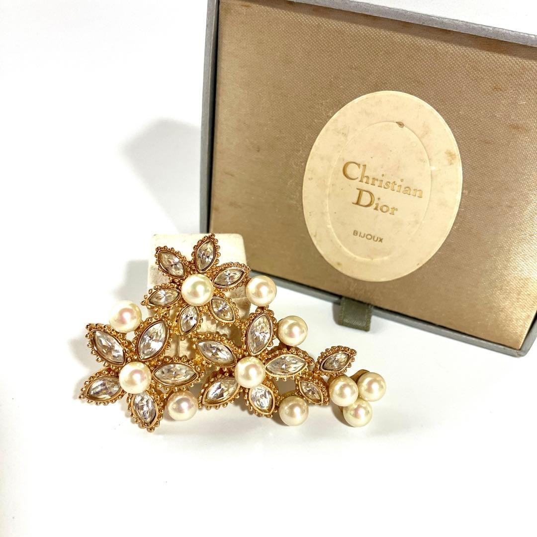 【美品】クリスチャンディオール パール ラインストーン ブローチ