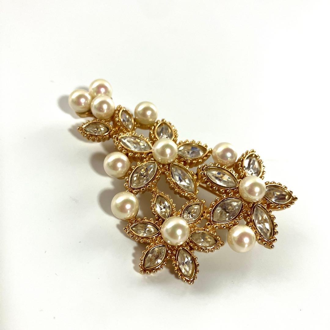 【美品】クリスチャンディオール パール ラインストーン ブローチ