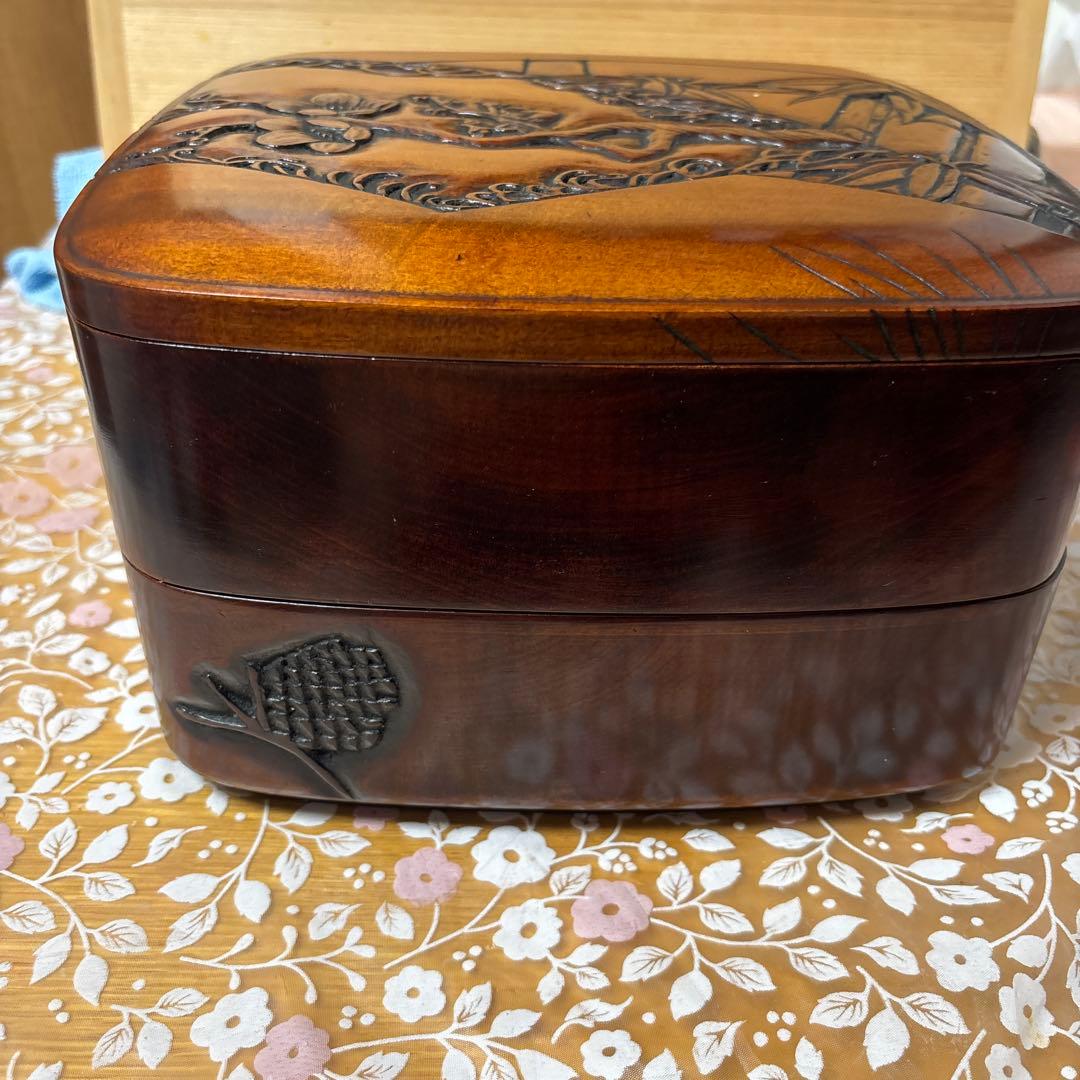 昭和时期 ふき子作 木製彫刻入り収納箱 中型