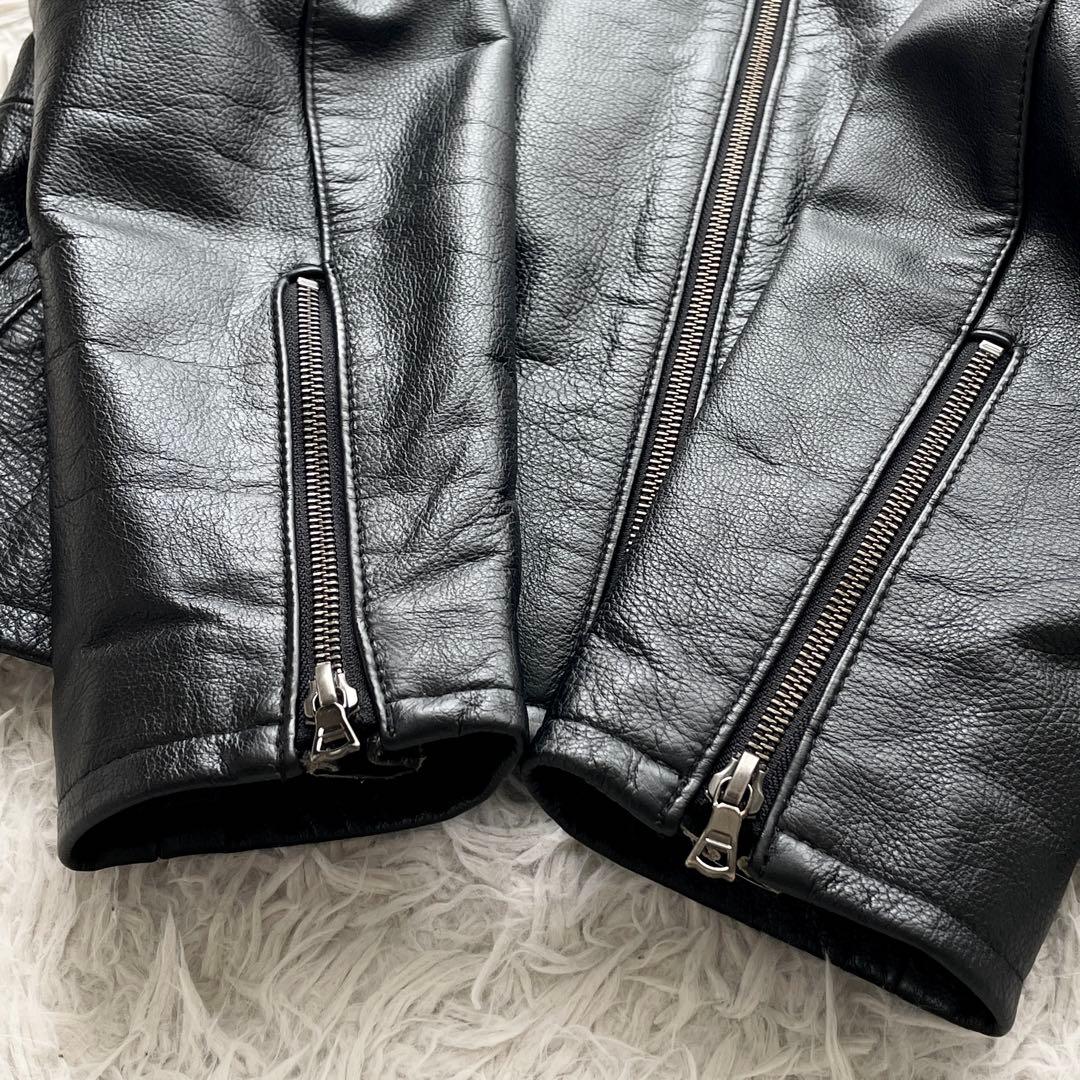美品 BEAMS 本革 シングルライダース シボ加工 レザータグ ダブルジップ