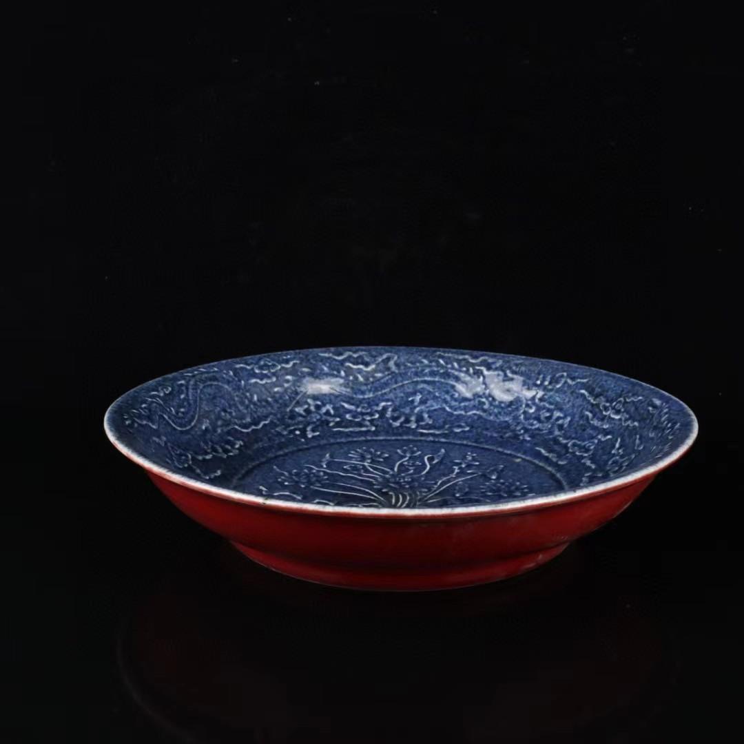 中国古美術✦大明宣徳紋 霽藍紅釉浮彫り花卉紋盤セット✦置物・文房具・陶芸・観賞皿