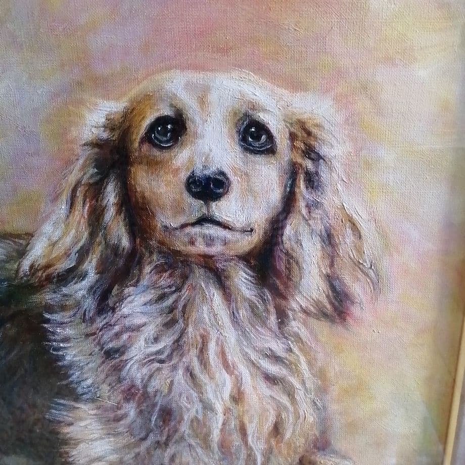 ミニチュアダックスフント油絵 8 号 額付