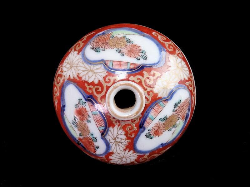 古伊万里　金襴手　窓絵　柴垣に菊の図　油壷　D184-fblw