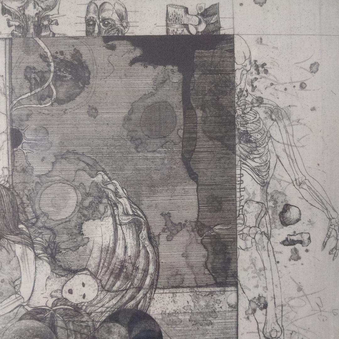 多賀新　銅版画『W45 不毛な両性』直筆サイン入　桐製額装　ウコン布&共箱付