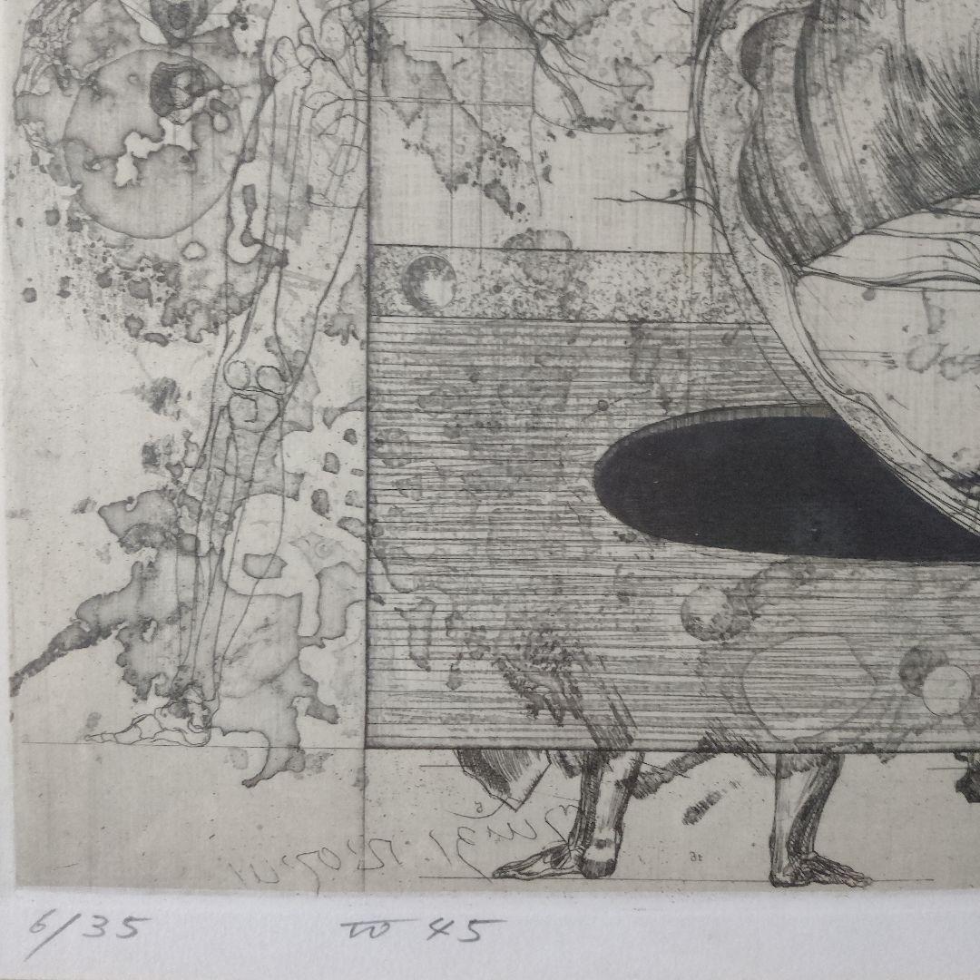 多賀新　銅版画『W45 不毛な両性』直筆サイン入　桐製額装　ウコン布&共箱付