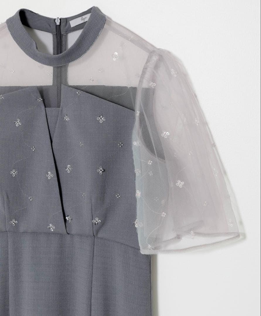 LEJA花柄ストーンスパンコールチュールオーバーラップマーメイドワンピースドレス