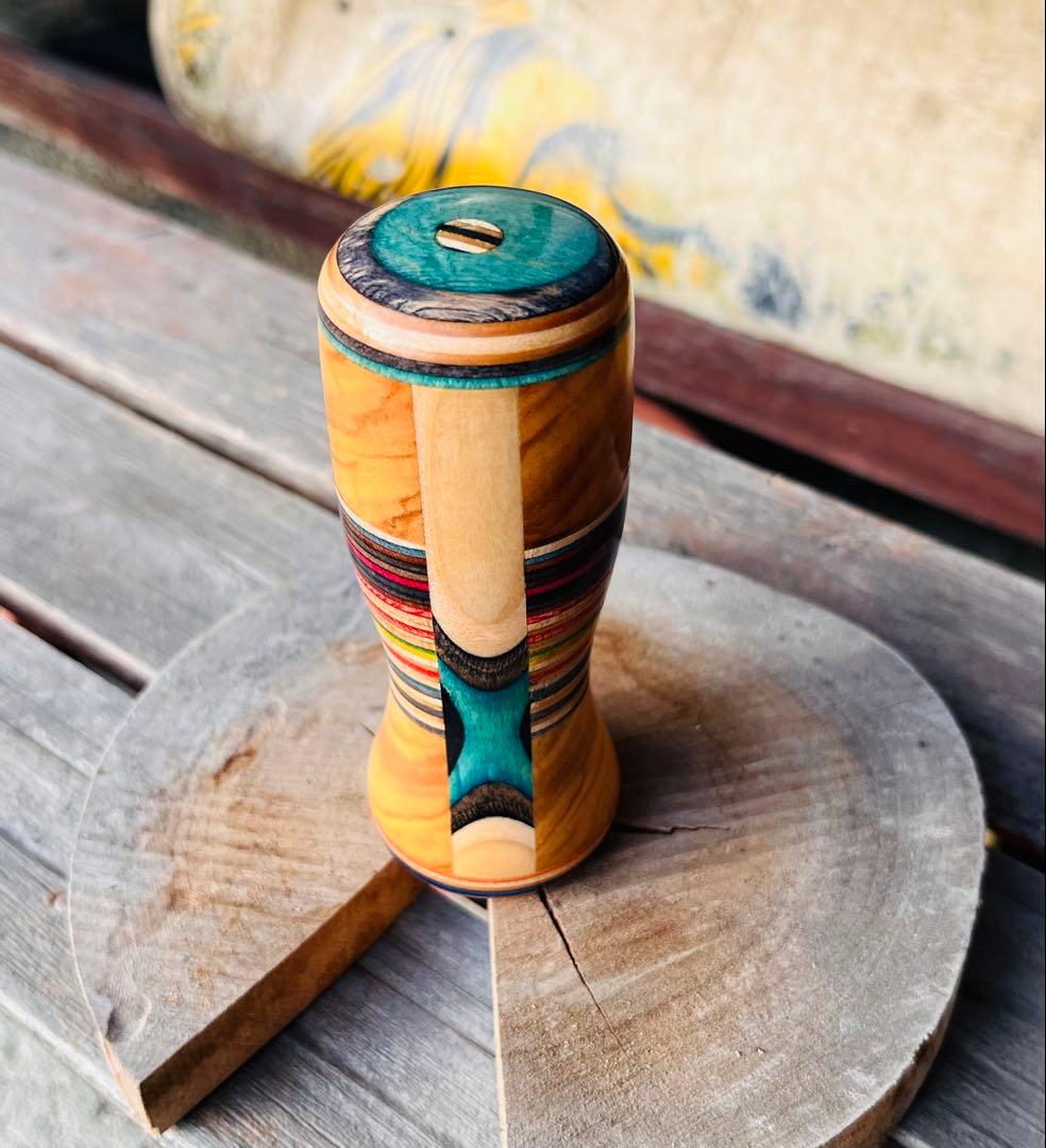 ウッドシフトノブ　オリーブウッド　スケボーリメイク　寄木　ハンドメイド